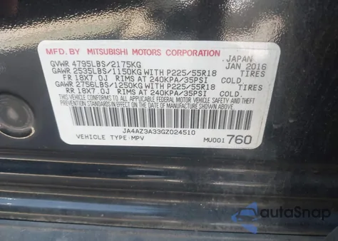 2016 Mitsubishi Outlander Es из США, поврежденный, VIN JA4AZ3A33GZ024510